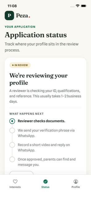 The Peza application status screen showing the verification timeline — a reviewer checks the tutor's ID and qualifications before their profile goes live to parents.