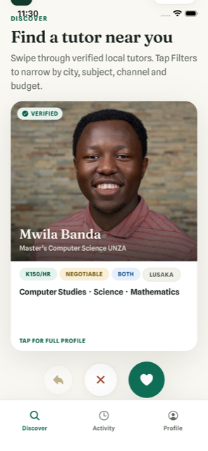 The Peza Discover screen: a verified tutor's photo card with their rate, subjects and location, and swipe controls to pass or save them.