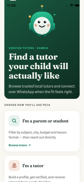 The Peza welcome screen with a friendly mascot, the tagline “Find a tutor your child will actually like”, and options to continue as a parent or student, or as a tutor.
