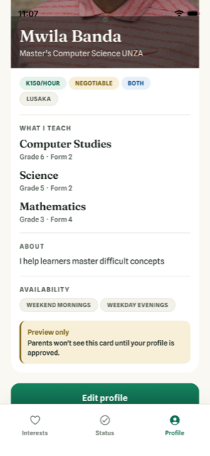 A Peza tutor profile showing the tutor's photo, name, hourly rate, the subjects and levels they teach, an about note, and their availability.